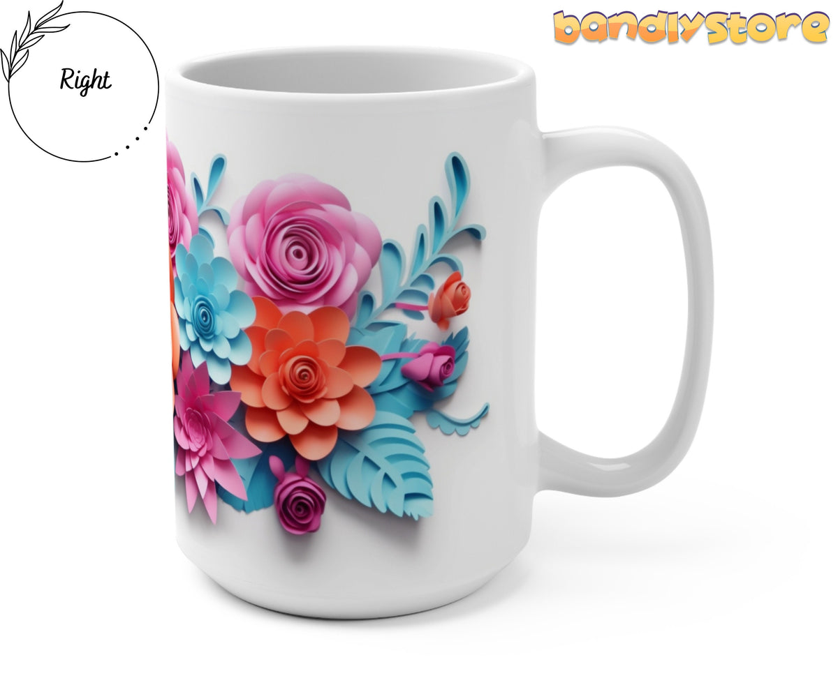 Pink and Blue Floral 3D Paper Art Mug shown from the right on a plain white background with handle visible.