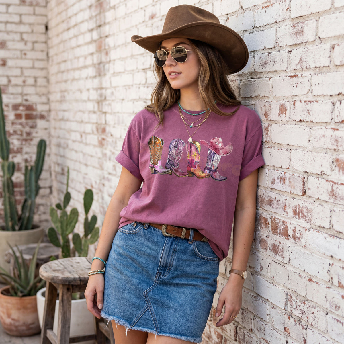 Pink Cowgirl Boots T-Shirt in Berry, worn by a model leaning on a white brick wall beside potted cacti.
