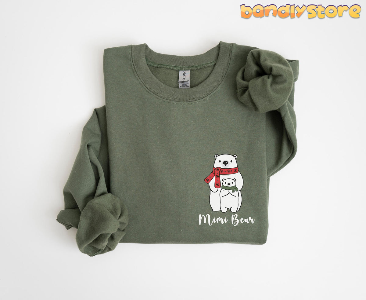 Pocket Mimi Bear Sweatshirt in military green folded flat on a plain white background.