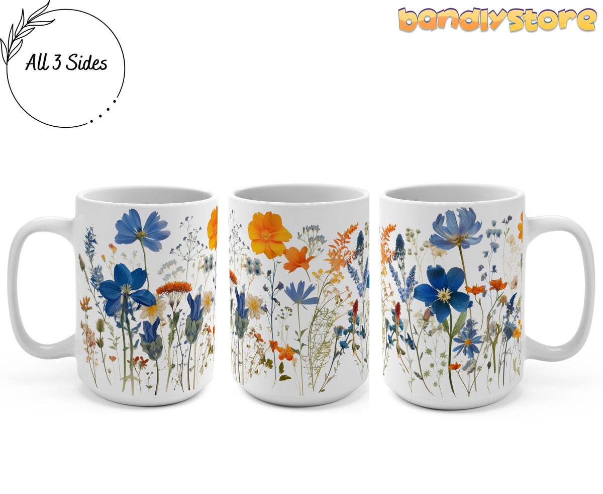 Pressed Wildflowers Mug 15oz in three front views showing all sides on plain background with All 3 Sides badge.