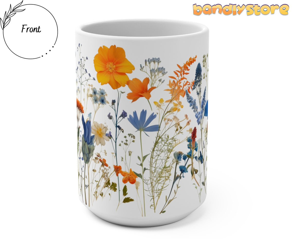 Pressed Wildflowers Mug upright front view on plain white background.