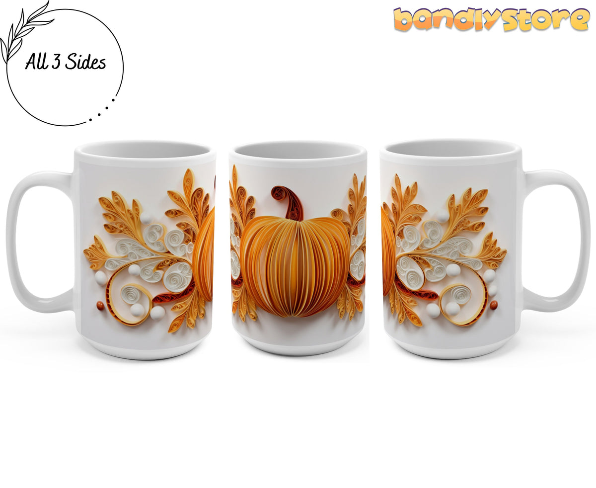 3D Paper Art Pumpkin Mug 15oz shown from all three sides on a white background.