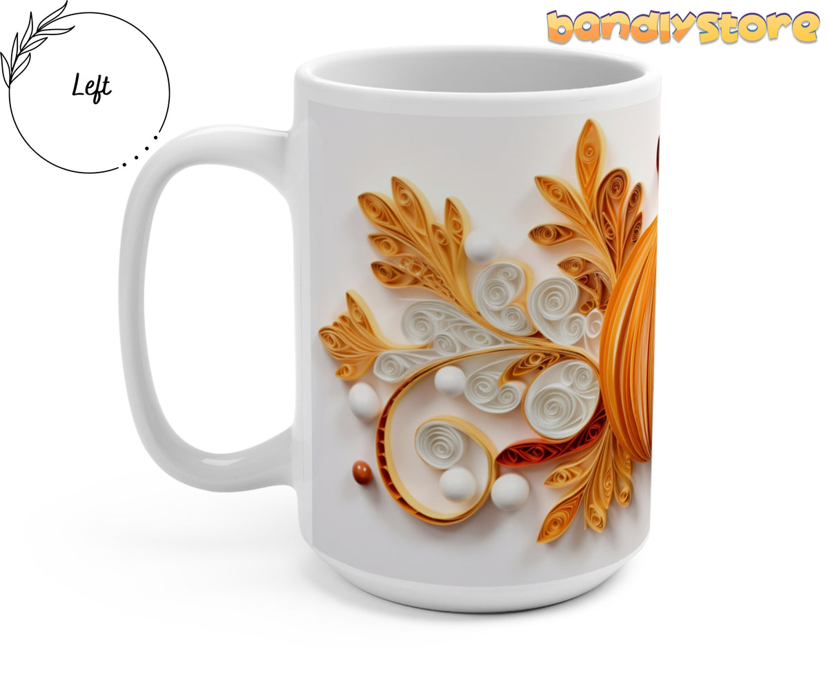 3D Paper Art Pumpkin Mug angled side view with left handle on plain white background