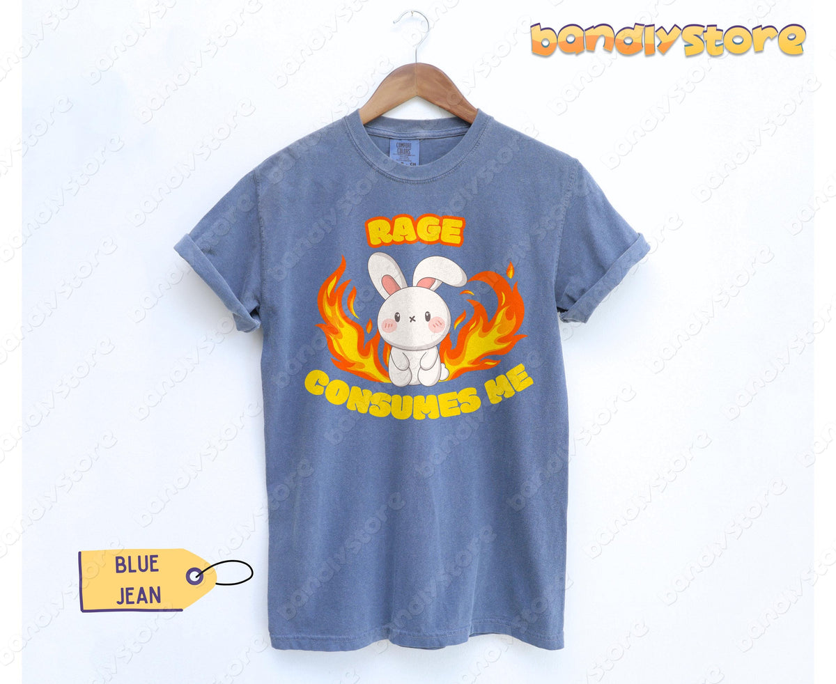 Rage Consumes Me T-Shirt in Blue Jean on a wooden hanger against a plain white wall.