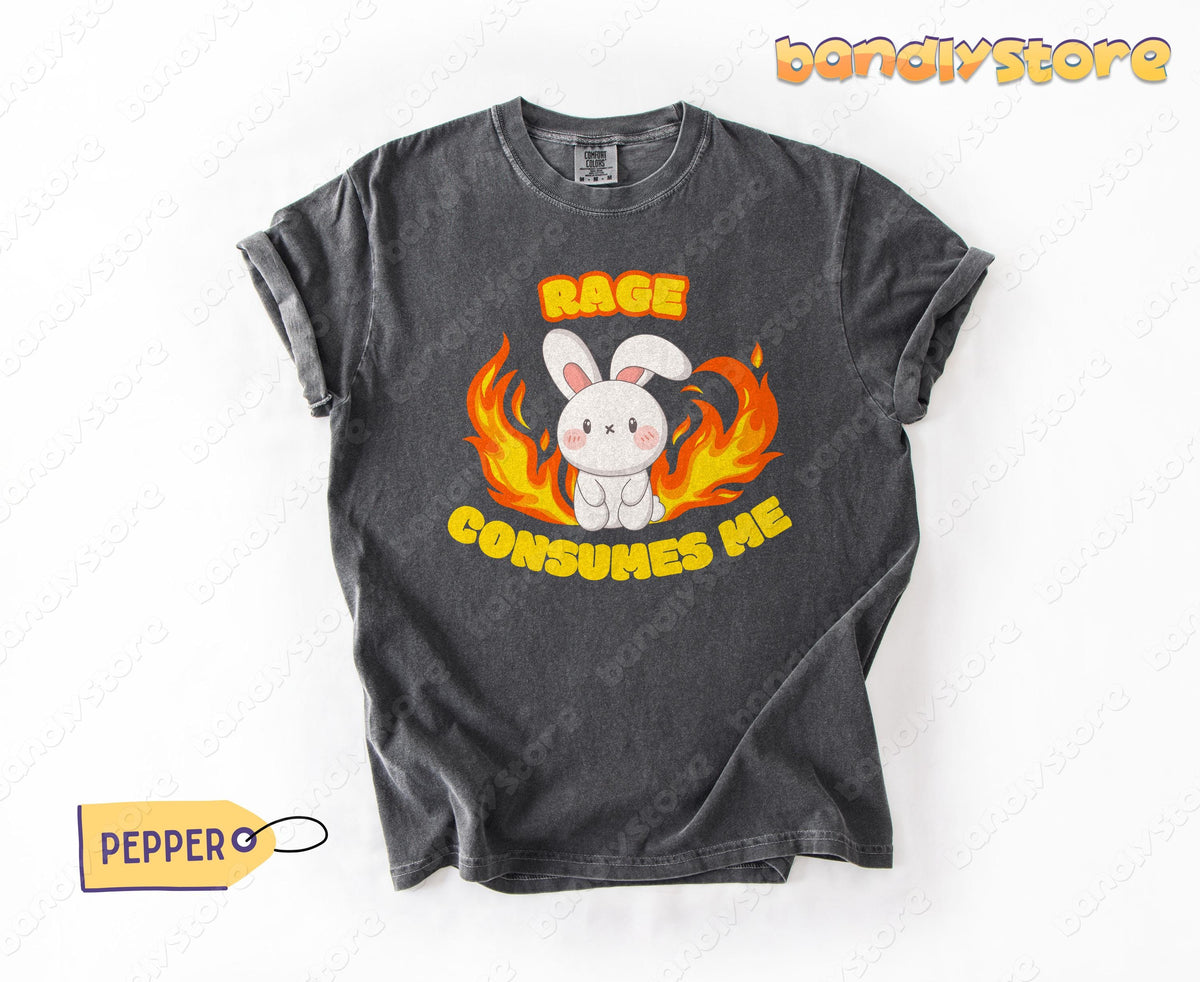 Rage Consumes Me T-Shirt in Pepper laid flat on white background from overhead.