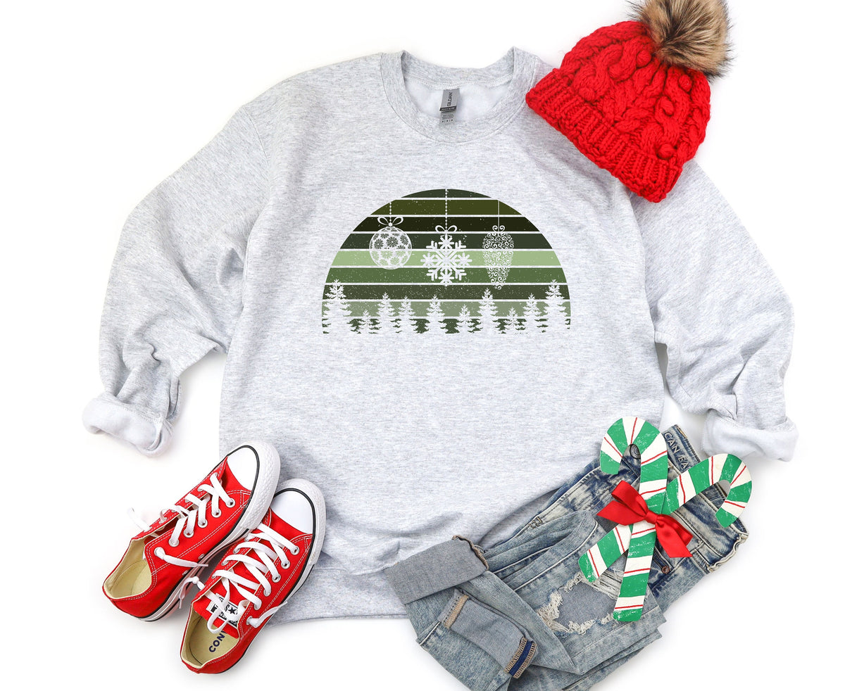 Retro Christmas Sweatshirt in ash laid flat with red beanie, red sneakers, jeans and candy canes.