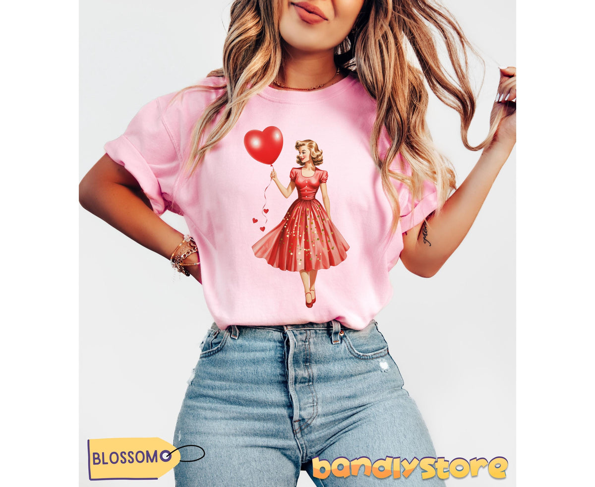 Vintage Valentines Day T-Shirt in Blossom on a model facing forward against a plain background.