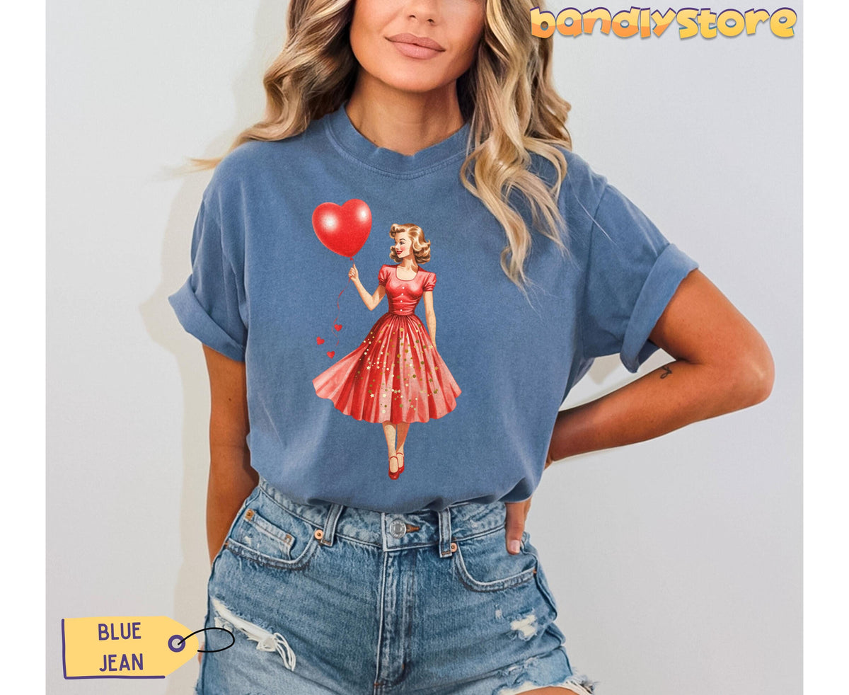 Vintage Valentines Day T-Shirt in Blue Jean on a model facing forward against a plain wall.