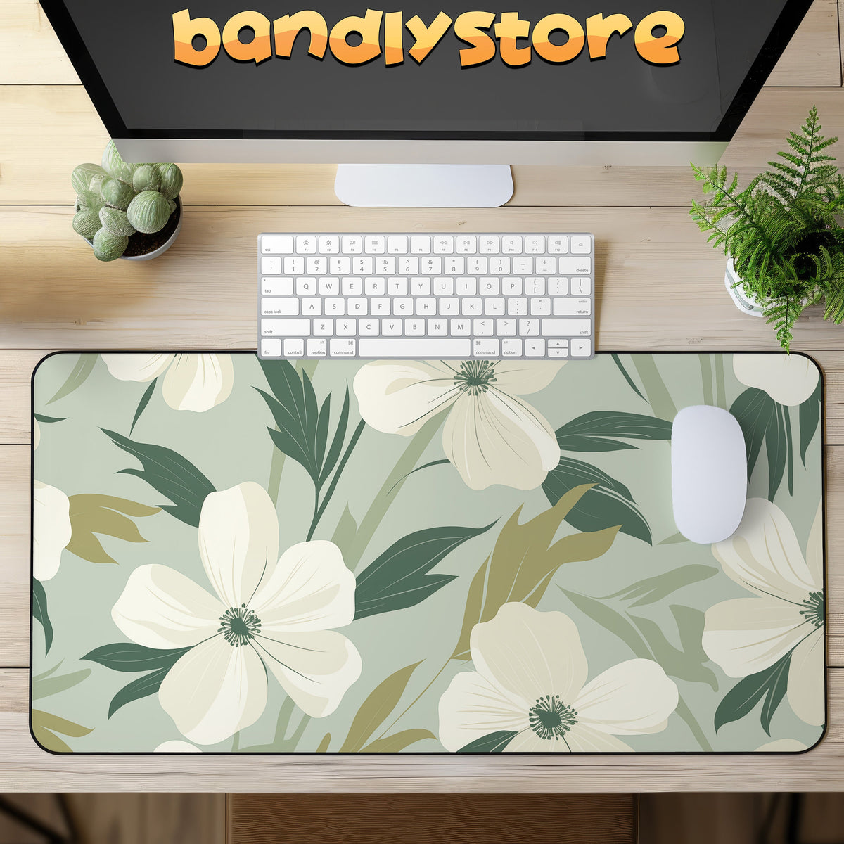 Minimalist Floral Desk Mat in overhead view on a wooden desk with keyboard, mouse, monitor, and potted plants.