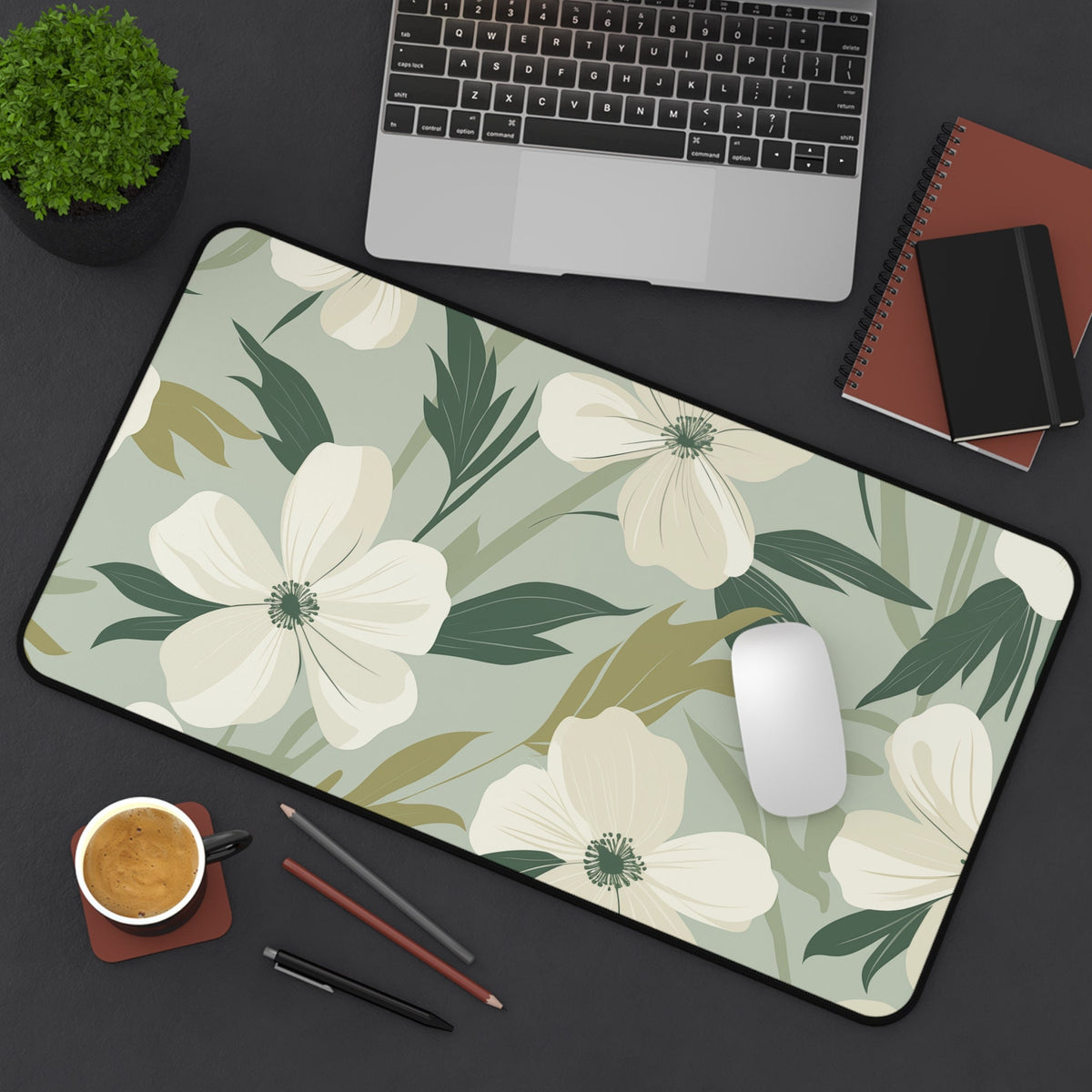 Minimalist Floral Desk Mat in 12×22 inches on a dark desk with laptop, mouse, coffee, and stationery, 12 × 22 inches