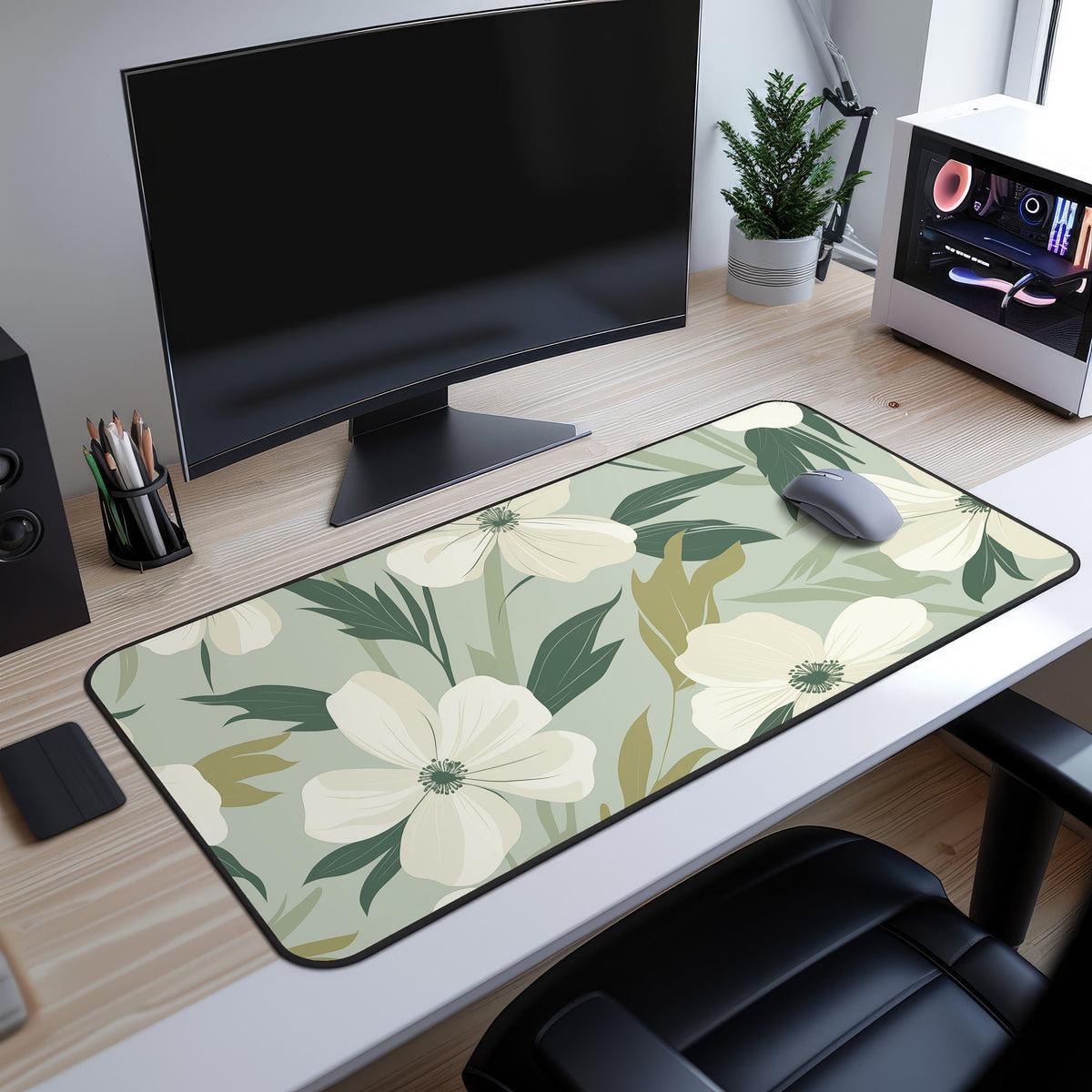 Minimalist Floral Desk Mat on a wooden desk under a monitor, grey mouse on it, plant and PC nearby.