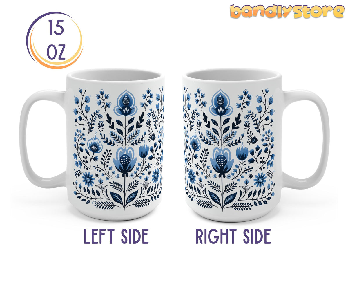 Scandinavian Blue Florals Mug shown front-facing as left and right sides of a white 15 oz mug, 15oz