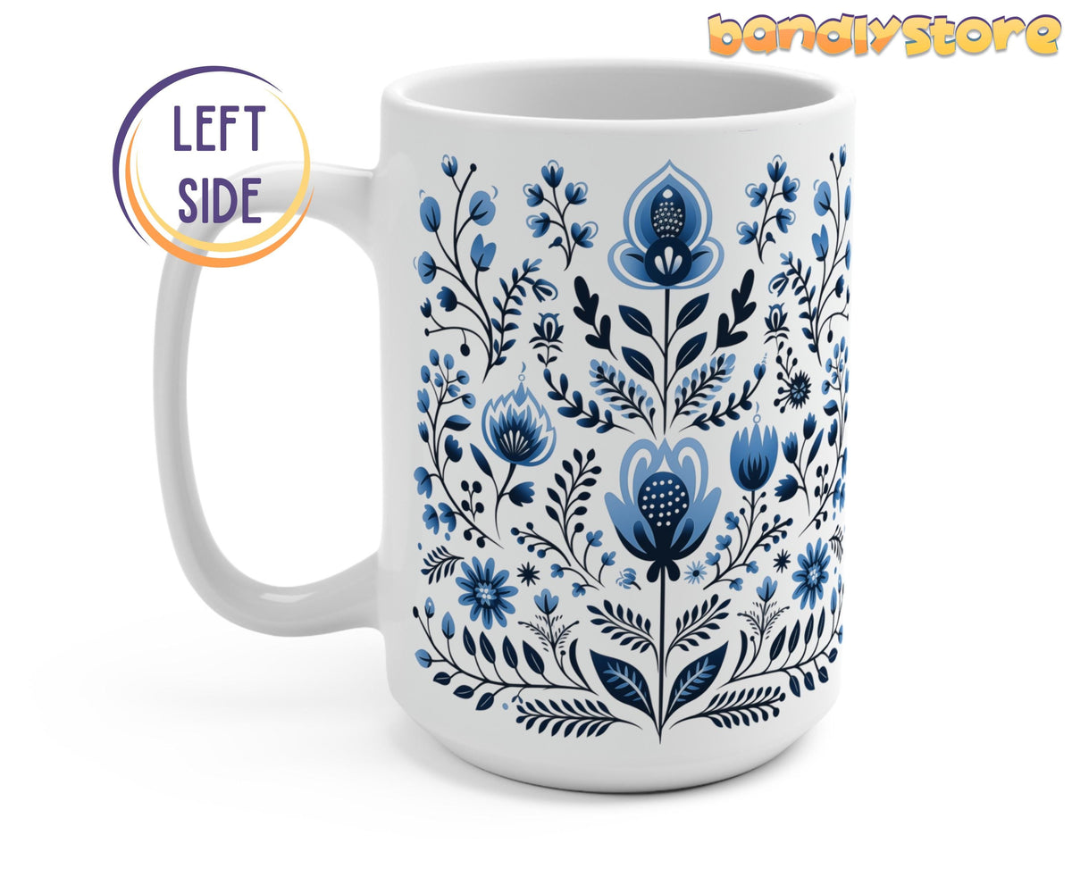 Scandinavian Blue Florals Mug left-side view on plain white background with handle visible.
