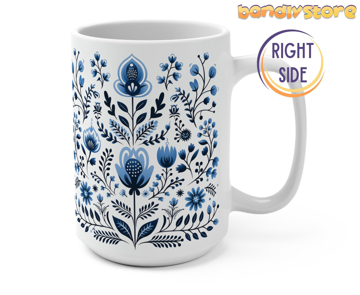 Scandinavian Blue Florals Mug against white background, right-side angle with handle and blue floral design visible.