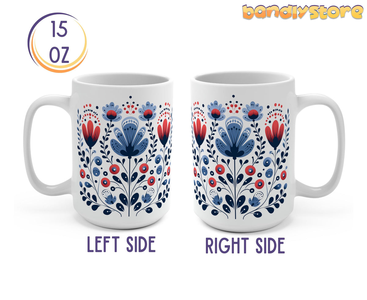 Scandinavian Floral Mug left and right sides shown on white, 15 oz ceramic with blue-red floral print, 15oz