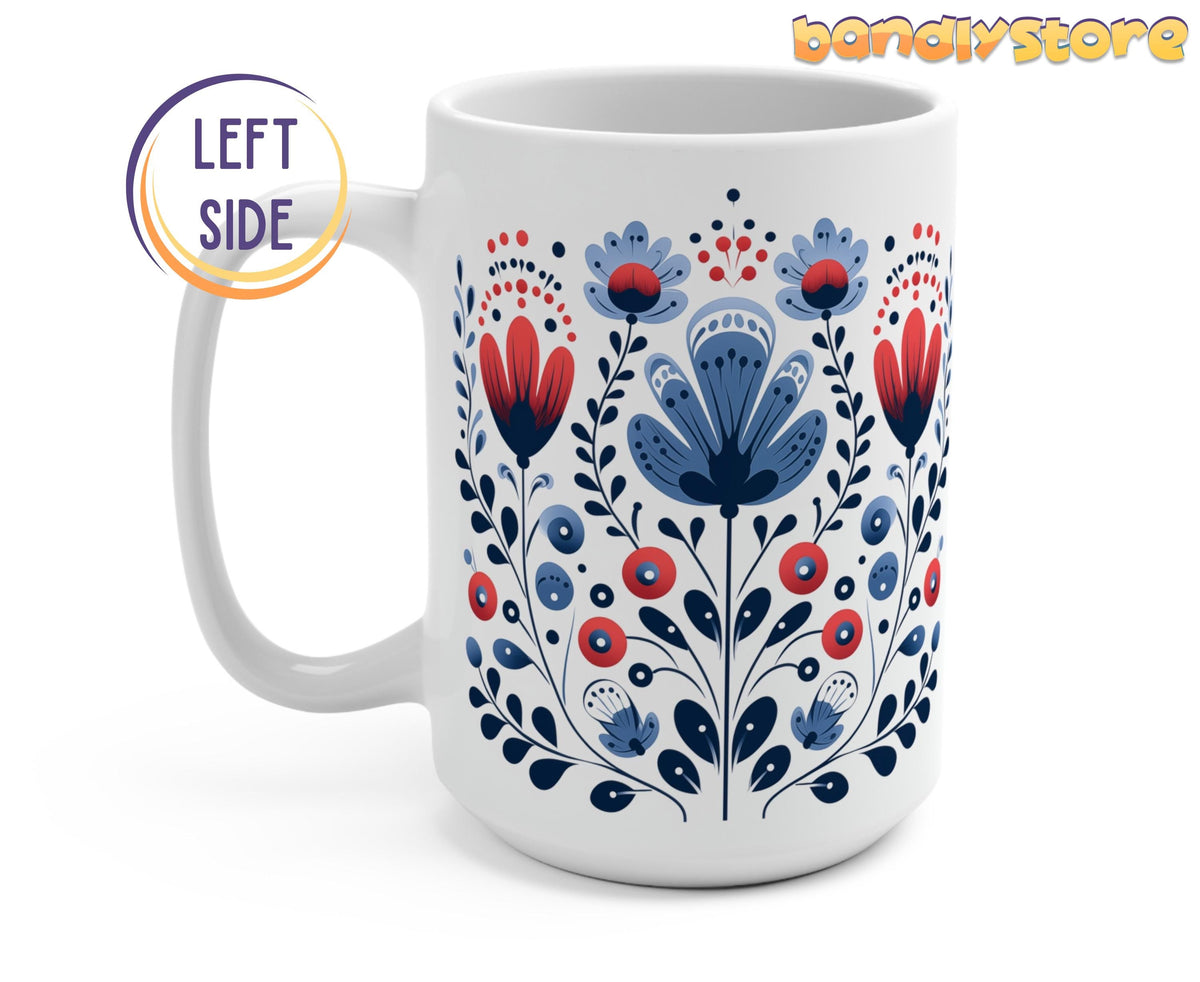 Scandinavian Floral Mug left-side view on white, blue-red floral print with handle left.