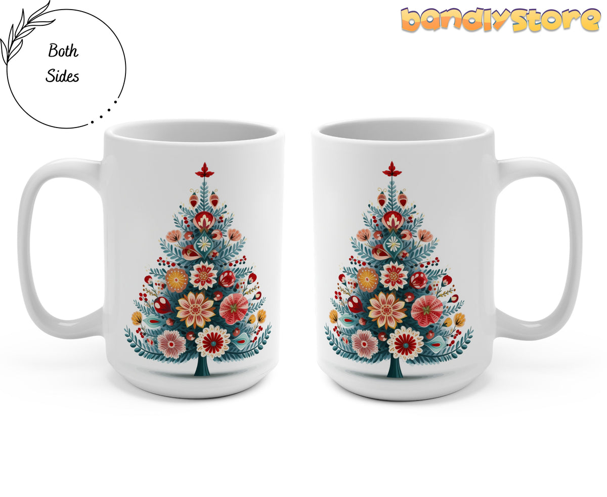 Scandinavian Folk Art Christmas Tree Mug pair of 15oz mugs side by side on plain background showing both sides.