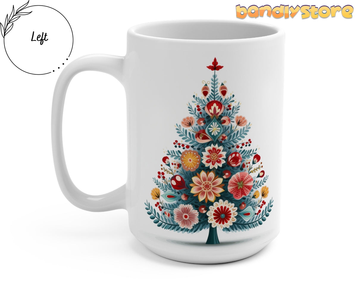 Scandinavian Folk Art Christmas Tree Mug angled on plain white background with handle on the left.