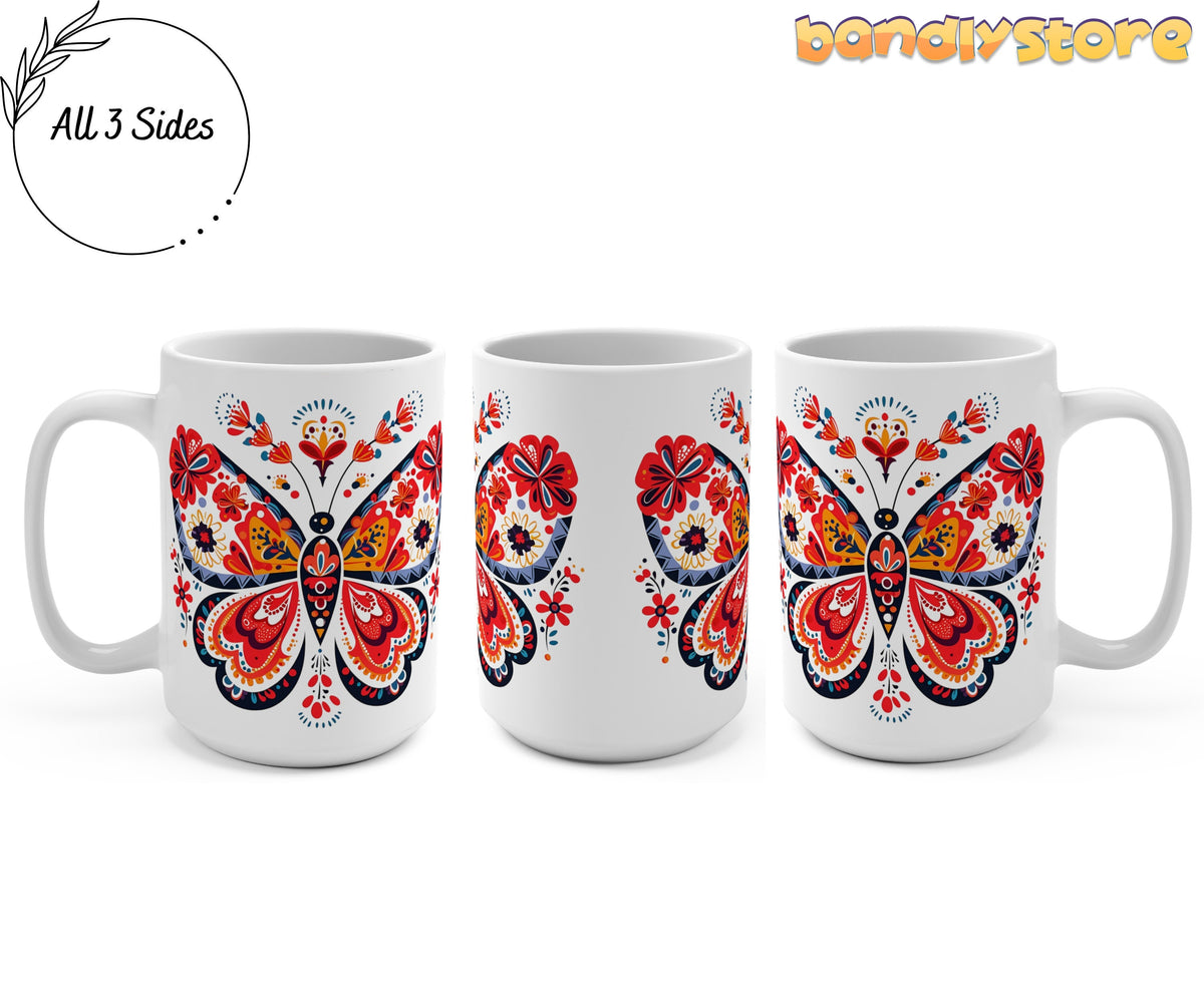 Scandinavian Folk Butterfly Mug displayed from three angles showing all sides as 15oz on a plain white background.