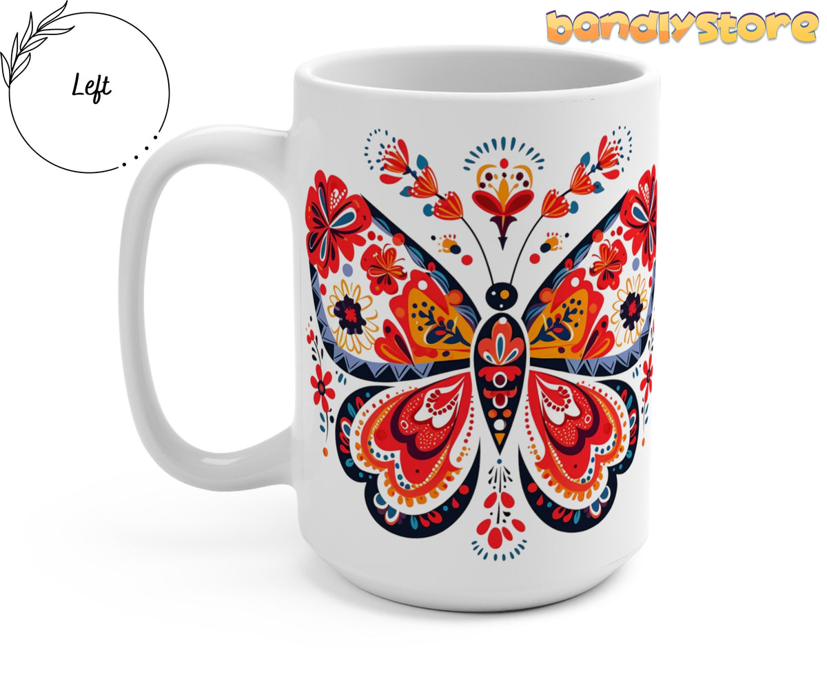 Scandinavian Folk Butterfly Mug angled on plain white background with left-side handle, Left label, and bandlystore logo.