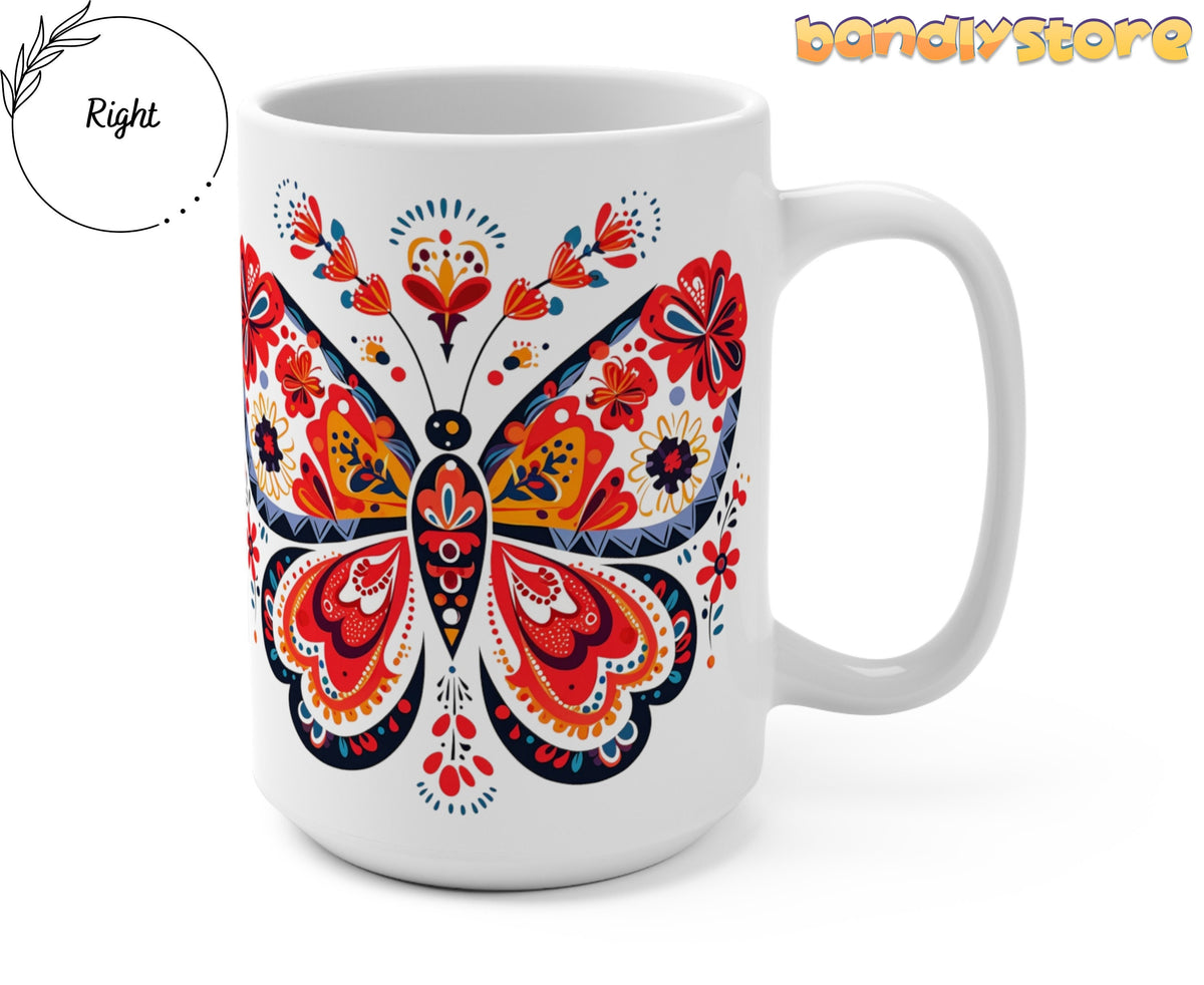 Scandinavian Folk Butterfly Mug shown upright from the front-right, handle on the right, on plain white.