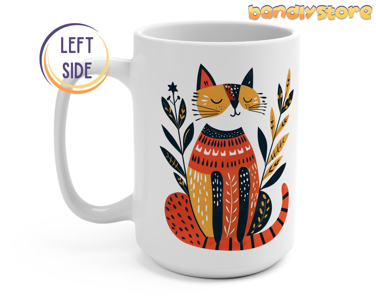 Scandinavian Art Cat Mug on plain white background, angled to show left-side handle and front cat design.