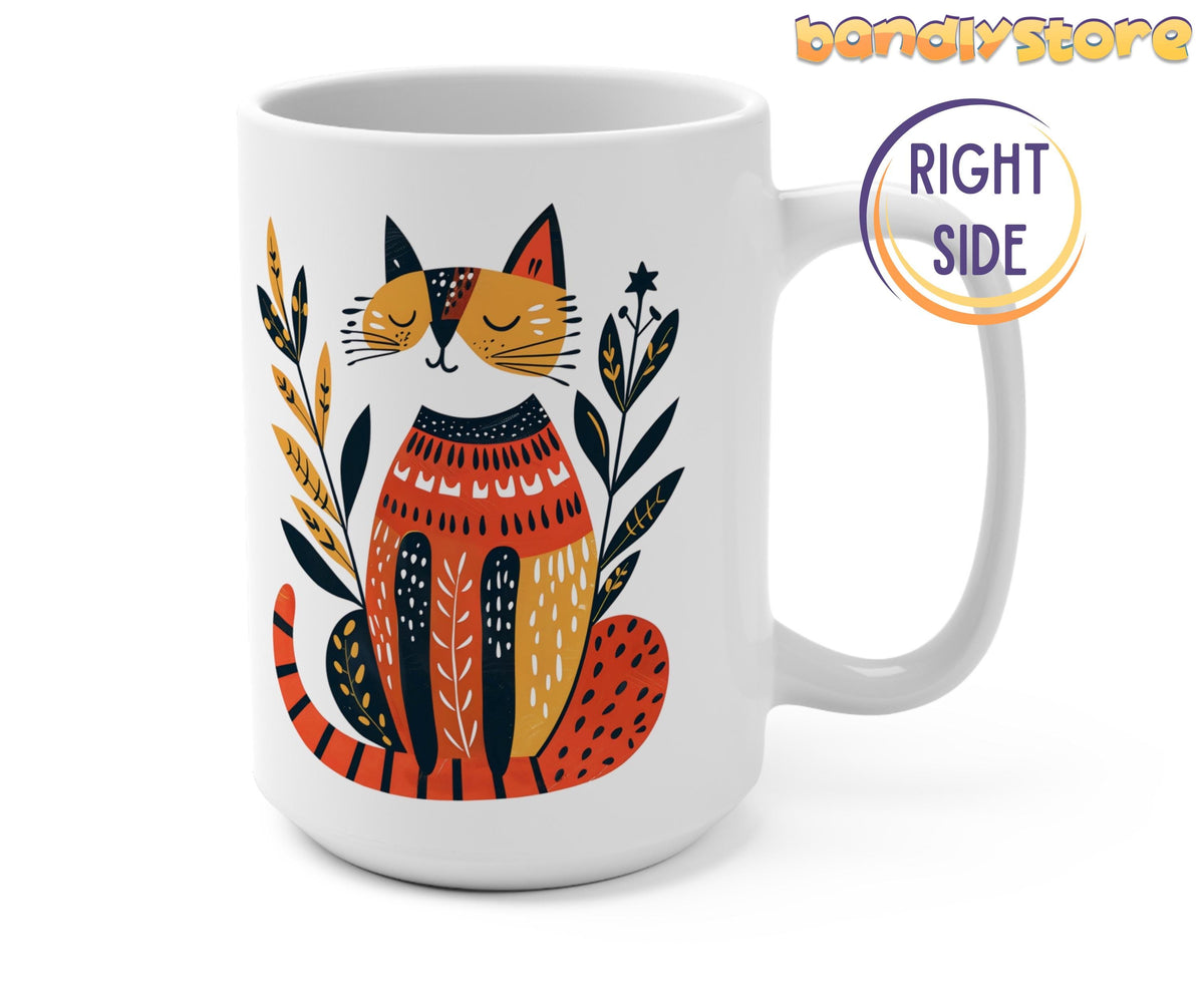 Scandinavian Art Cat Mug against a white background, right-side angle with handle visible.