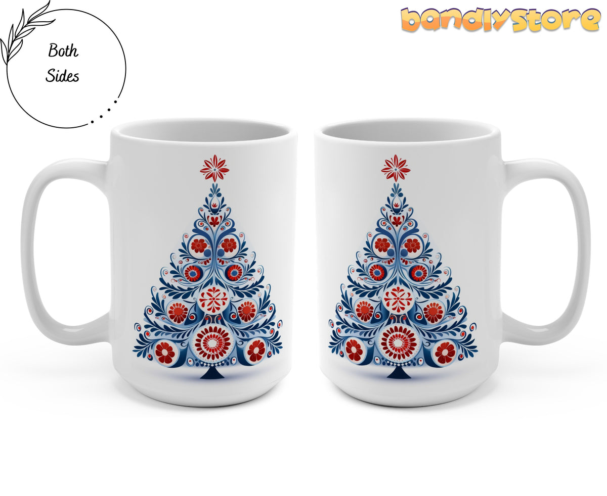 Scandinavian Folk Art Christmas Tree Mug in two front views on plain background showing both sides, 15oz.