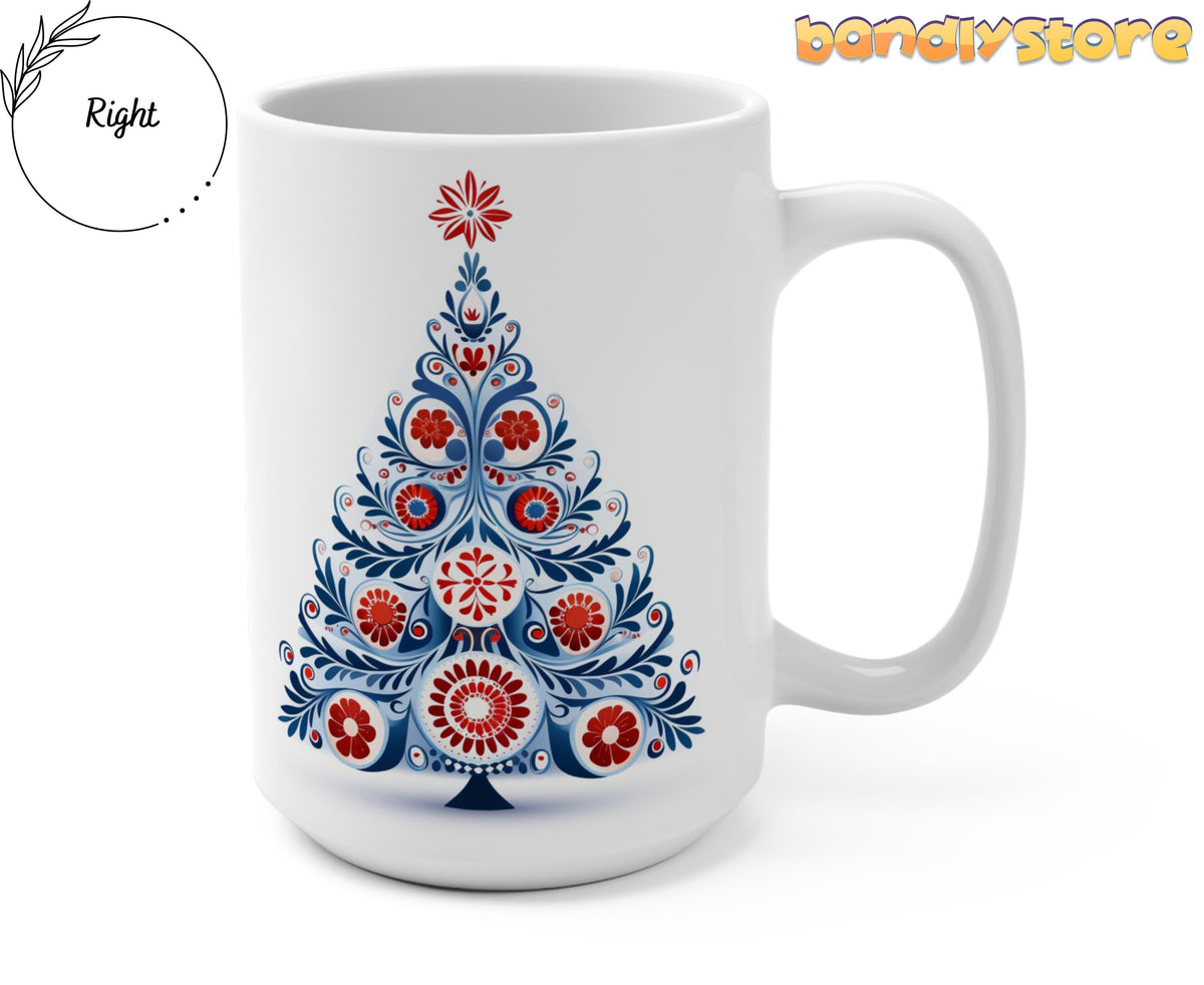 Scandinavian Folk Art Christmas Tree Mug on plain white background, handle facing right.