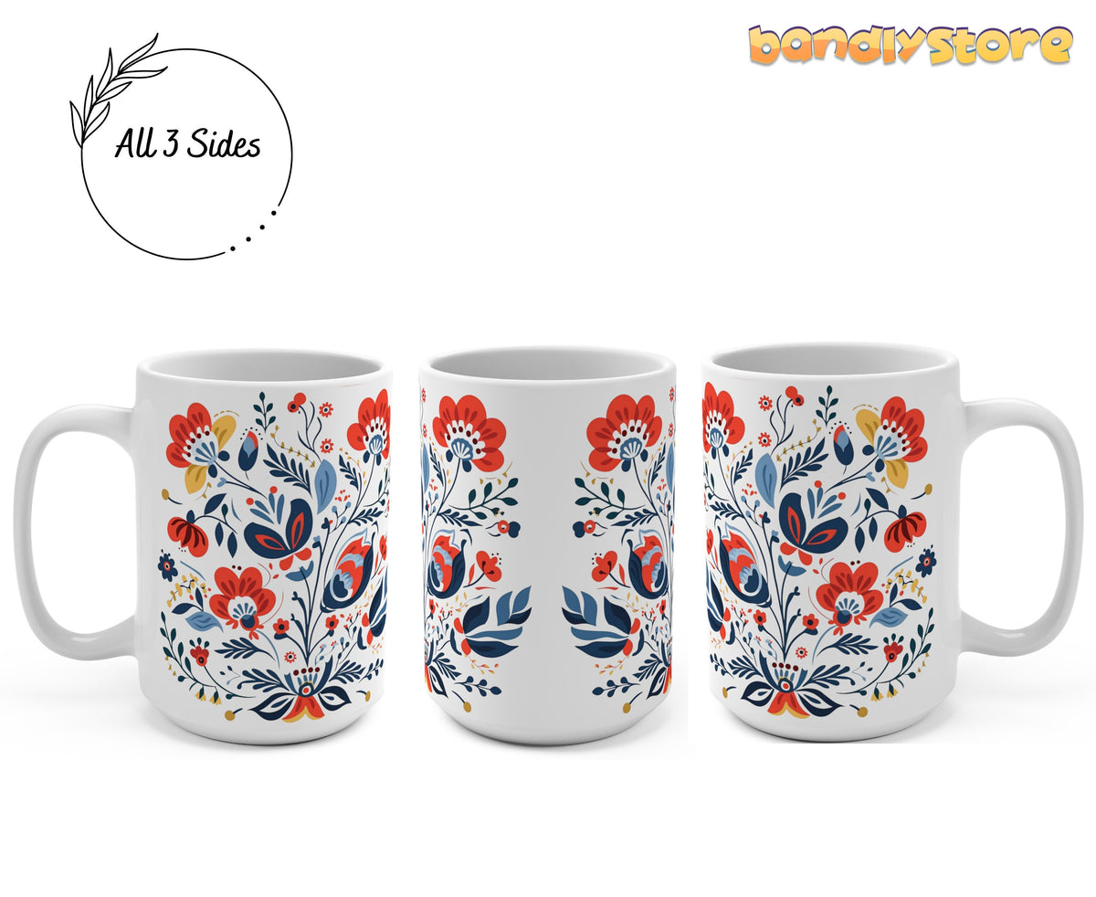 Scandinavian Folk Floral Mug in 15oz shown from three angles on white, floral print wrapping all sides.