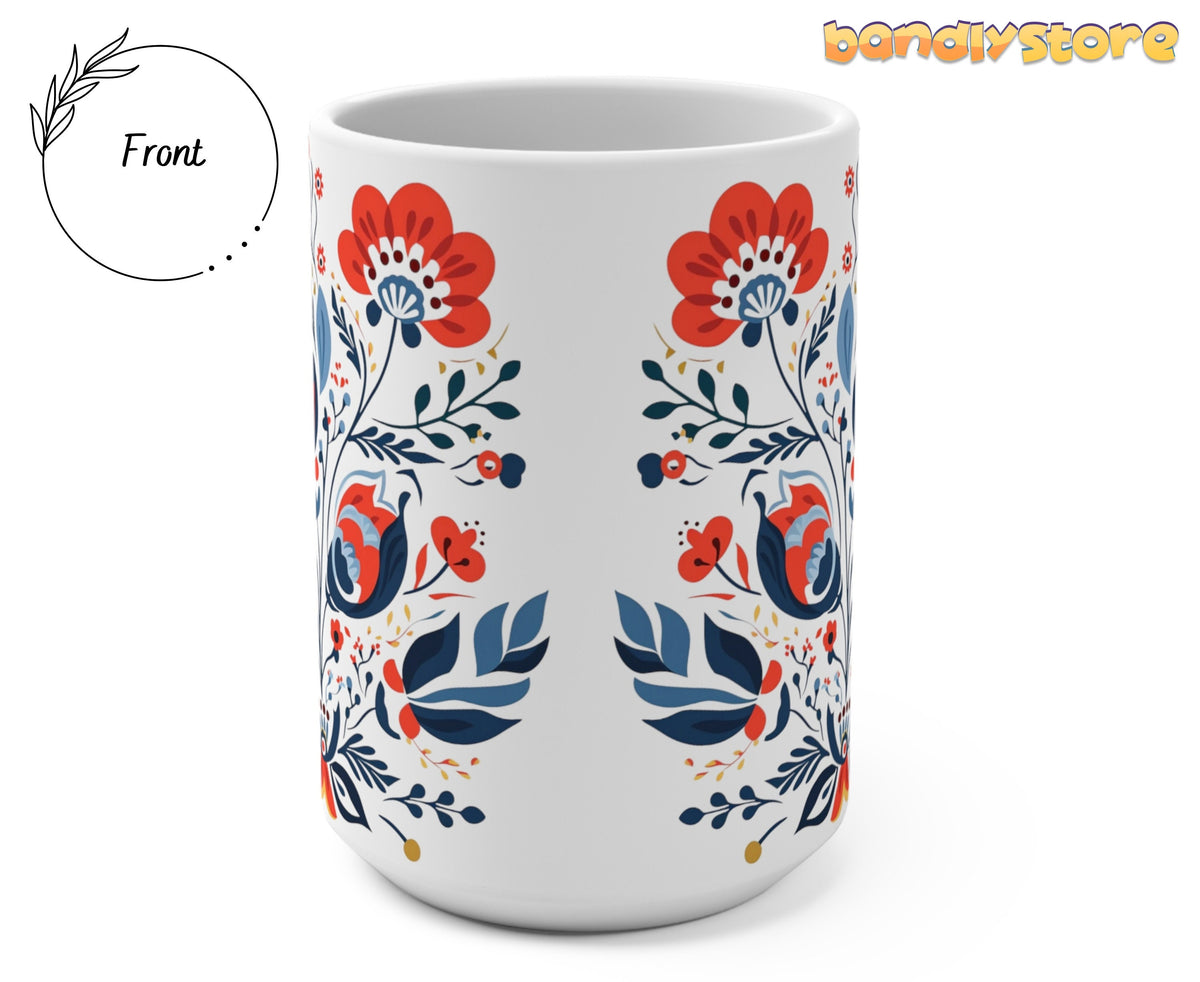 Scandinavian Folk Floral Mug front view on plain white background beside a Front label.