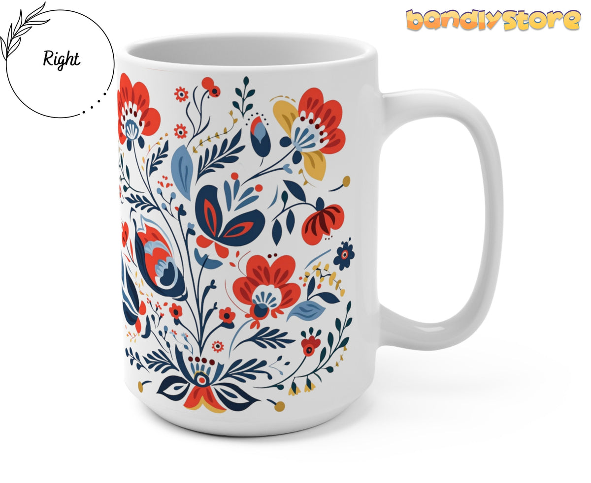 Scandinavian Folk Floral Mug angled on a plain white background with handle on the right.