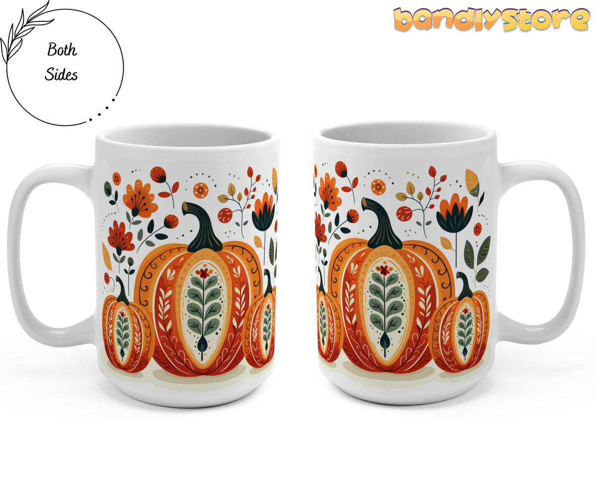 Scandinavian Folk Pumpkin Mug 15oz shown from both sides against a white background.
