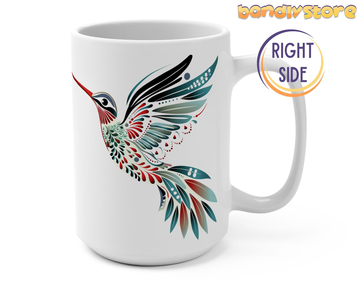 Scandinavian Hummingbird Mug white body angled with right-side handle and bird design on plain background