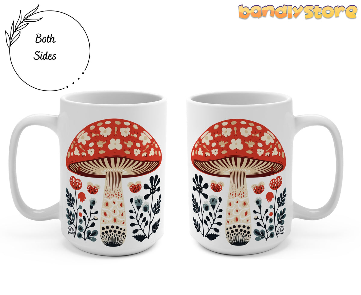 Scandinavian Mushroom Mug shown from both sides on white background, 15oz.