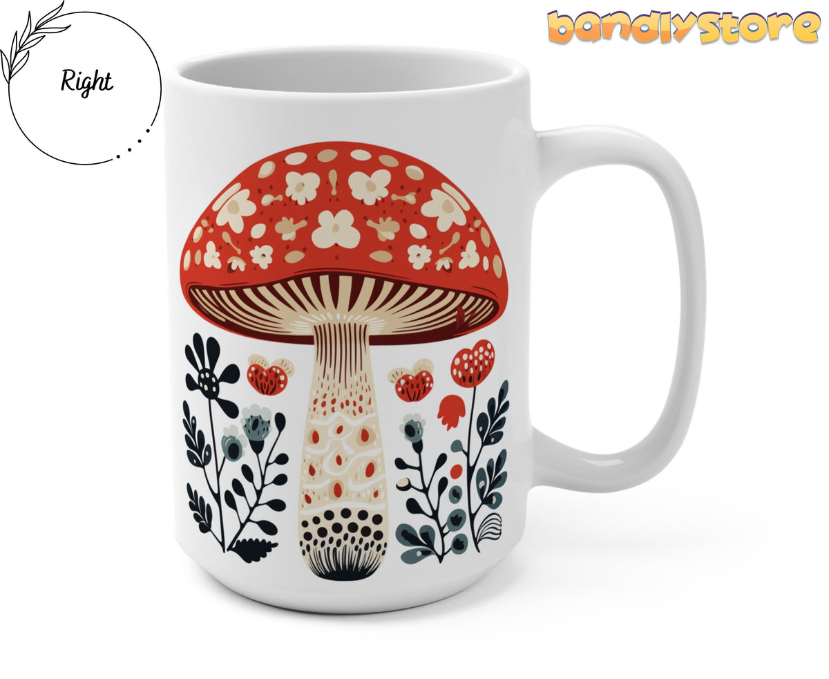 Scandinavian Mushroom Mug on plain background, angled with handle to the right, beside Right label and bandystore logo.