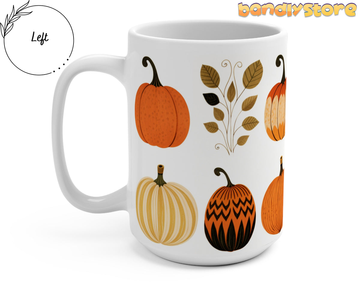 Scandinavian Art Pumpkin Mug angled on plain white background, handle at left.