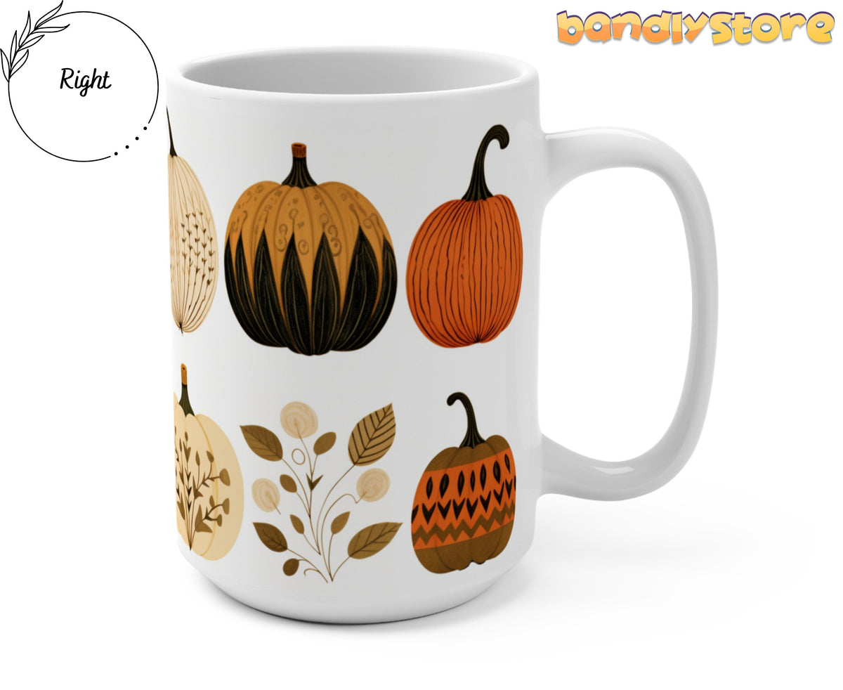 Scandinavian Art Pumpkin Mug shown angled on a plain white background with handle at right.