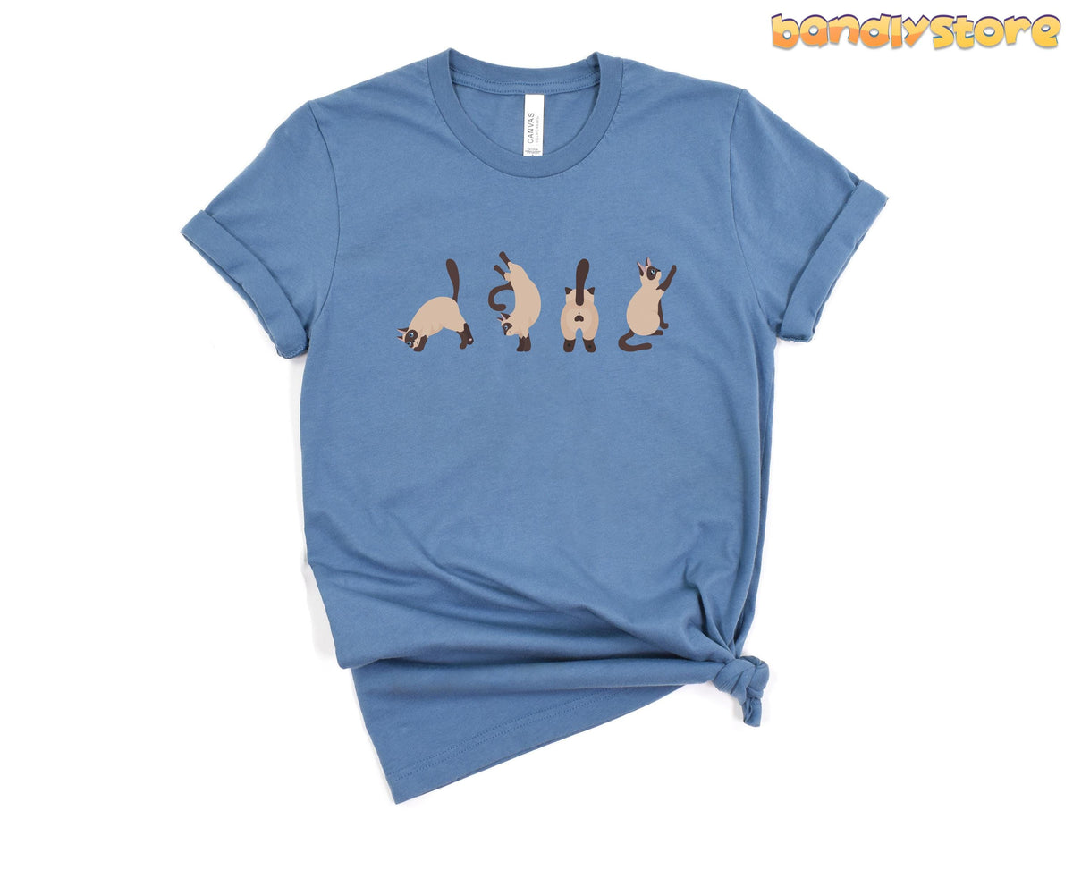Siamese Cat T-Shirt in steel blue laid flat on white background with four cat poses.