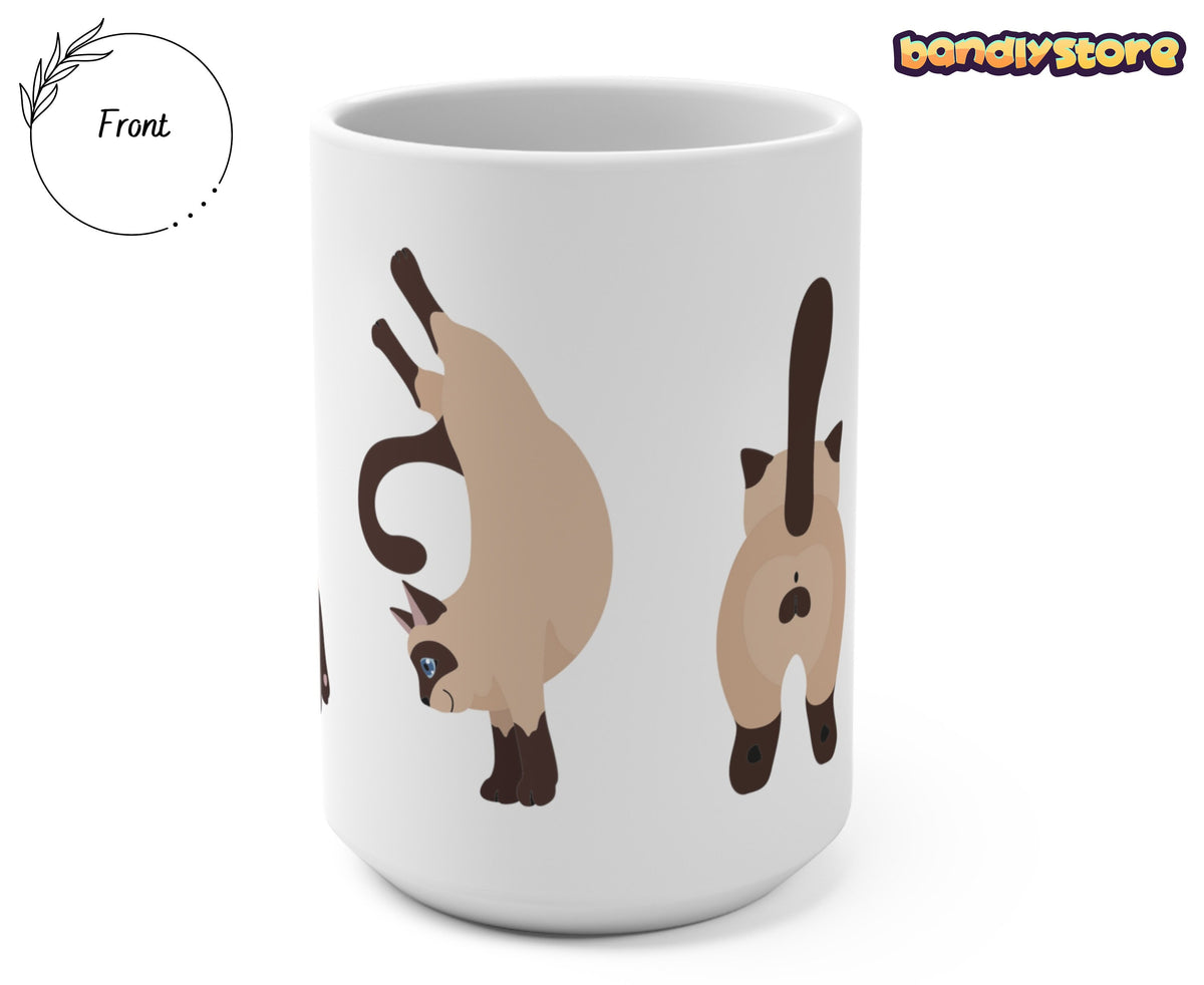 Siamese Cat Mug angled on plain background next to Front circle and bandystore logo.