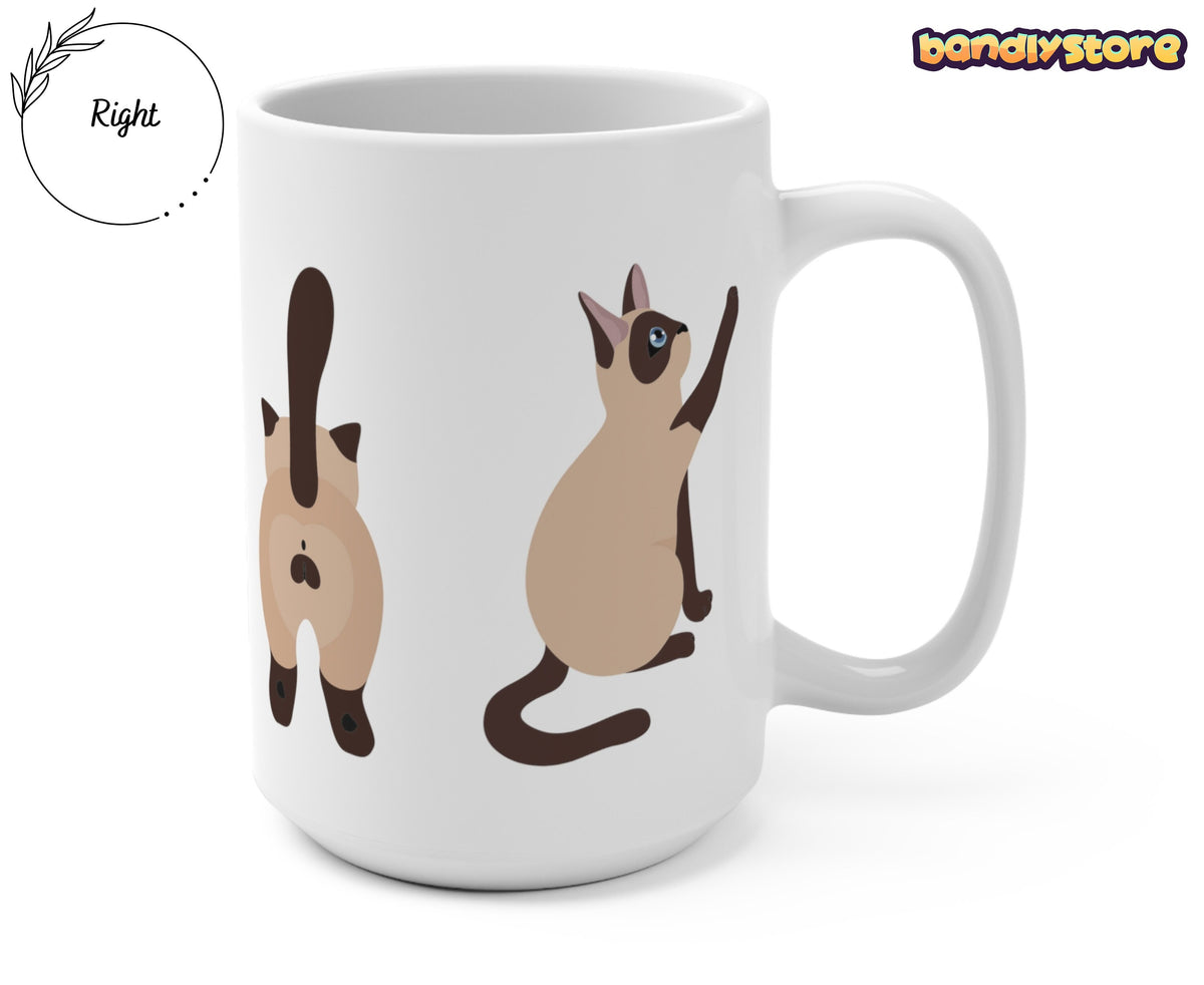 Siamese Cat Mug white angled with handle on right, two cat prints, plain background.