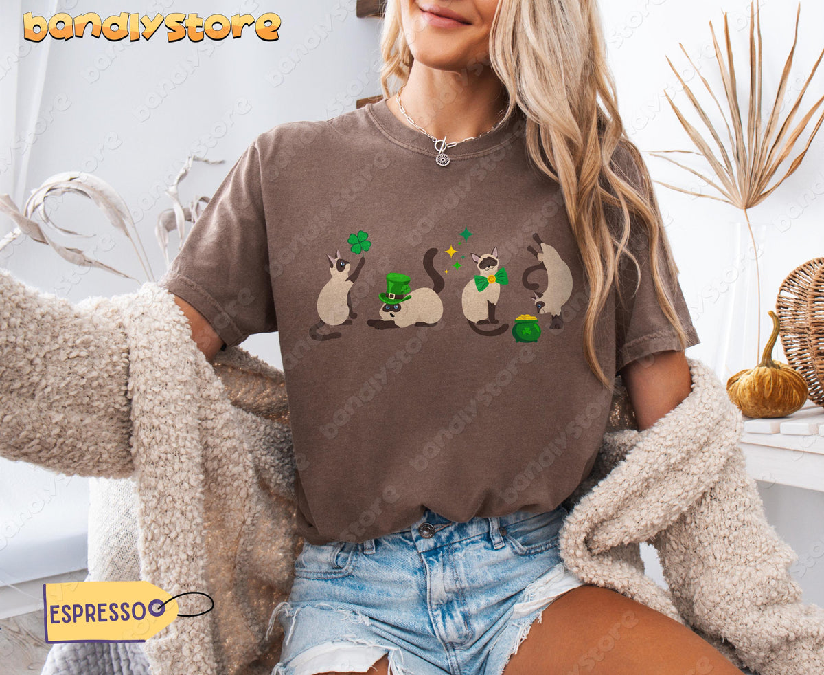 Siamese Cat Shamrock T-Shirt in Espresso on a seated model, front view beside dried plants and a pumpkin.