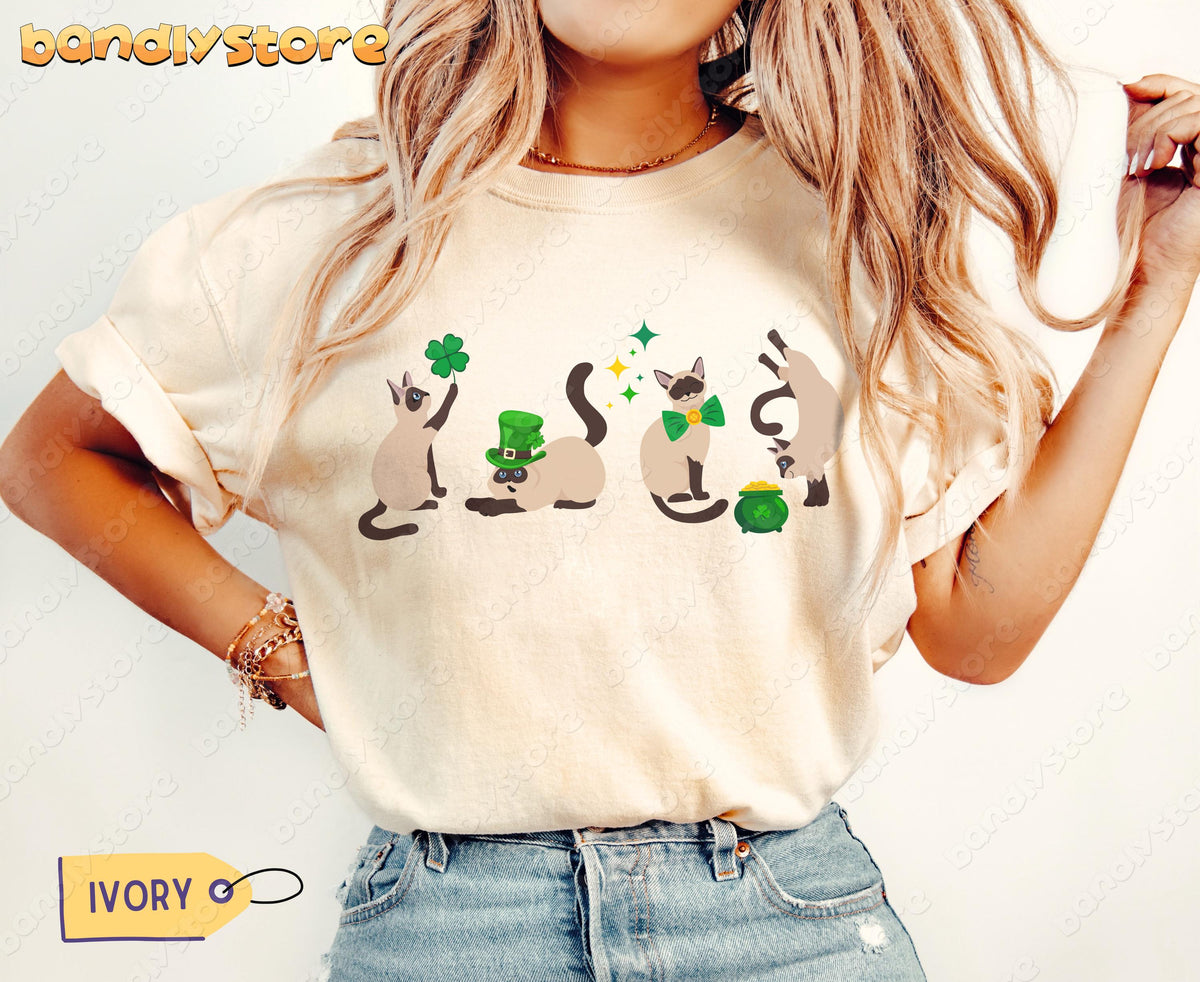 Siamese Cat Shamrock T-Shirt in ivory on blonde model, front torso view with jeans and hands on hips.
