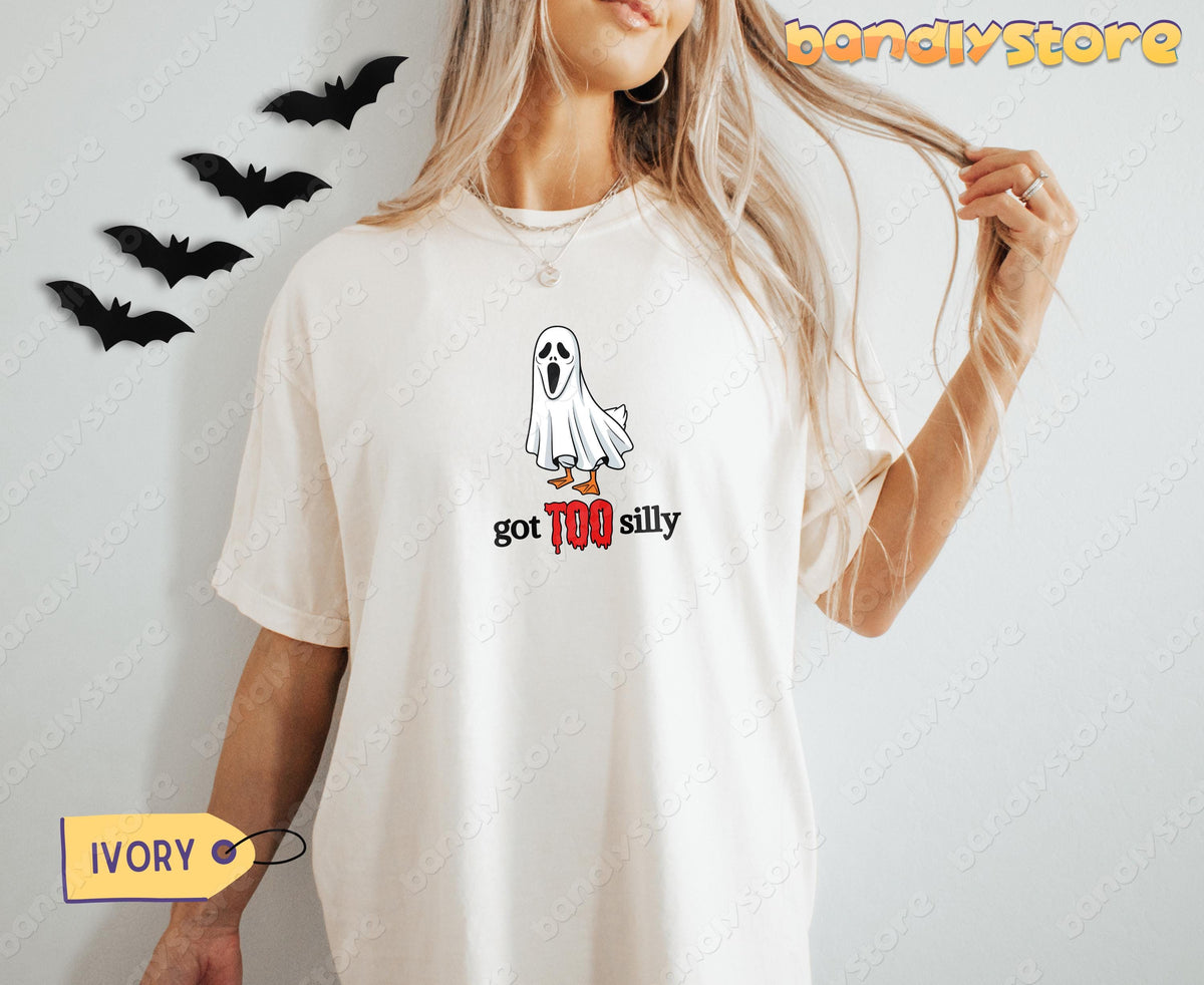 Silly Goose T-Shirt in ivory on a model facing forward beside black wall bats.
