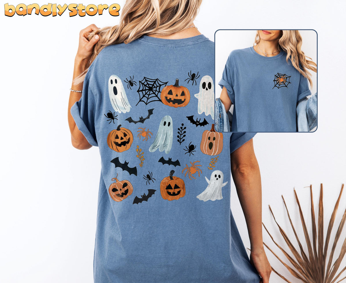 Spooky Ghosts and Pumpkins T-Shirt in Blue Jean, back view with Halloween print and small front spider detail inset.