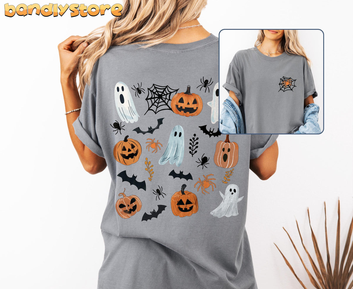 Spooky Ghosts and Pumpkins T-Shirt grey, back on model with Halloween ghosts pumpkins bats spiders, front spiderweb inset.