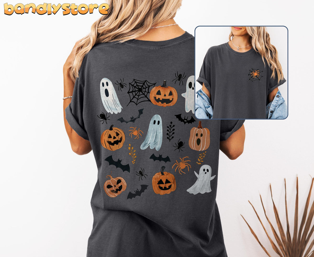 Spooky Ghosts and Pumpkins T-Shirt in Pepper shown from behind on a person with front chest detail inset on plain background.