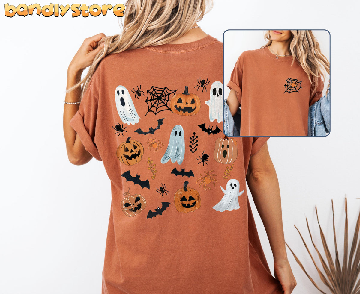 Spooky Ghosts and Pumpkins T-Shirt in yam, back view on model, front spider web inset, white background.