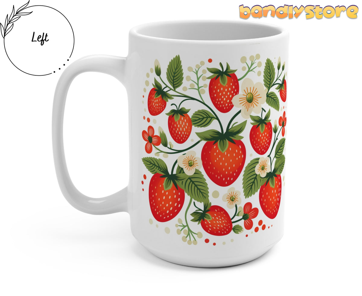 Strawberry Mug shown left-angle on white, handle left, red berries, green leaves, white flowers on mug.