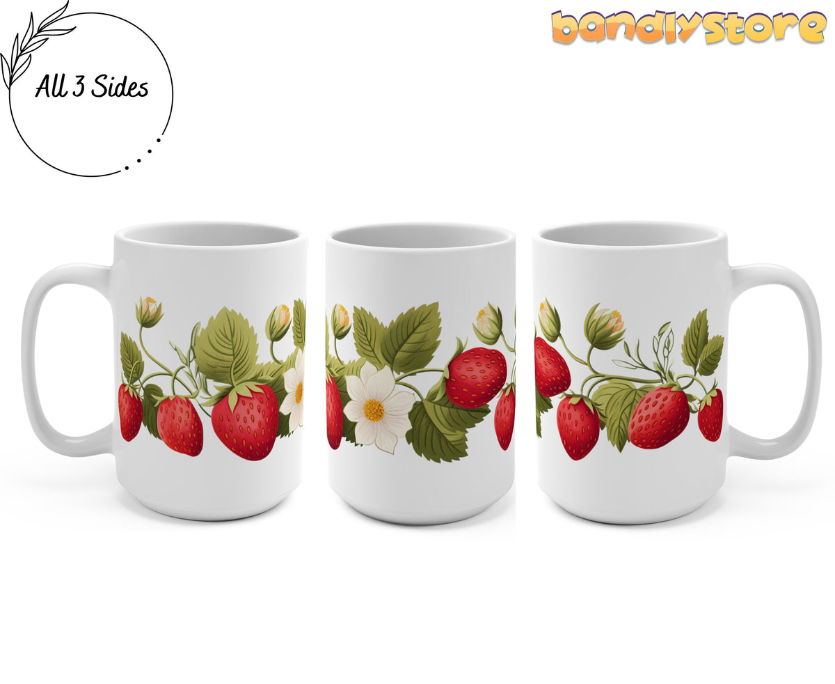 Strawberry Mug three side views on plain background showing the full berry vine wrap, 15oz.